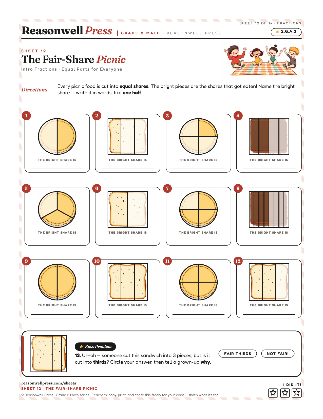 Intro Fractions Worksheets for 2nd Grade printable worksheet preview