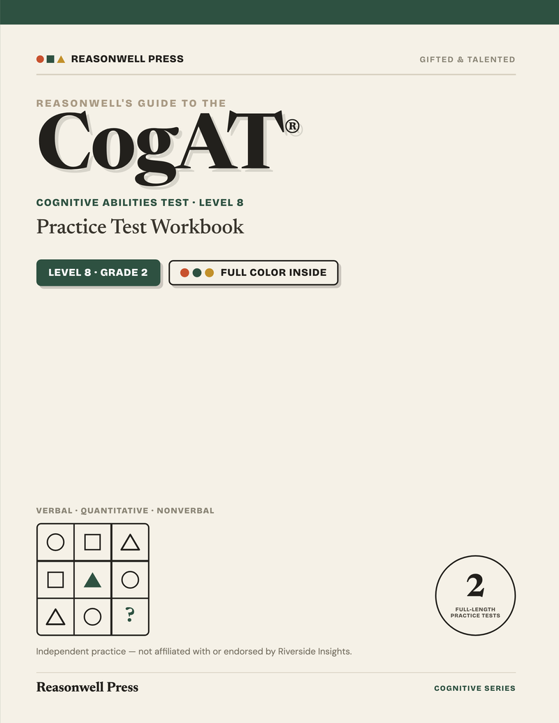 Cover of the CogAT Grade 2 Practice Workbook by Reasonwell Press
