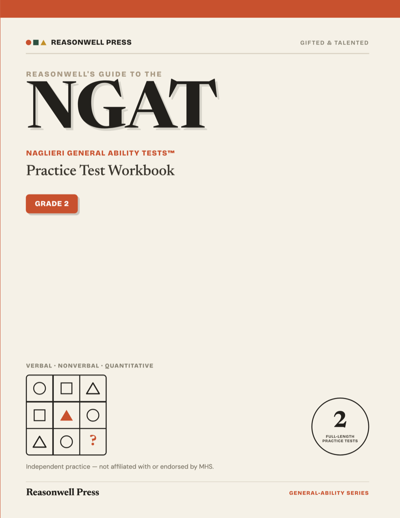 Cover of the NGAT Grade 2 Practice Test Workbook by Reasonwell Press