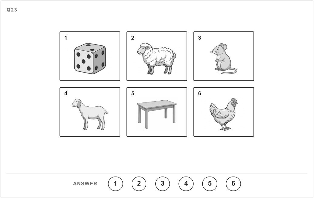 Six numbered pictures: 1 die, 2 sheep, 3 mouse, 4 goat, 5 table, 6 chicken. Choose the one that does not belong.