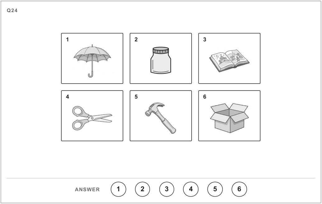 Six numbered pictures: 1 umbrella, 2 jar, 3 book, 4 scissors, 5 hammer, 6 box. Choose the one that does not belong.